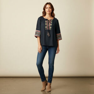Studio JPR John Paul Richard Petite Navy Embroidered Blouse PM NWT